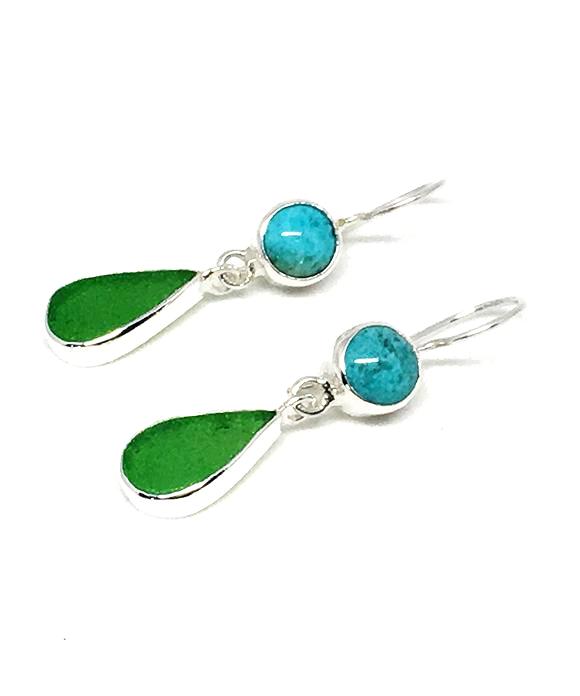 Green Sea Glass with Turquoise Earrings Double Drop Earrings
