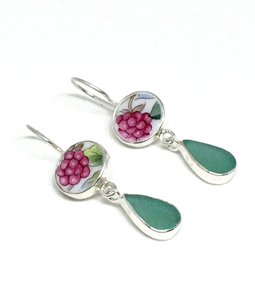 Grape Patterned Vintage Pottery & Dark Aqua Sea Glass Double Drop Earrings