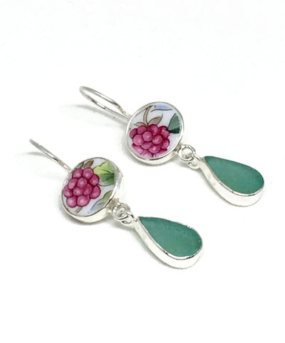 Grape Patterned Vintage Pottery & Dark Aqua Sea Glass Double Drop Earrings