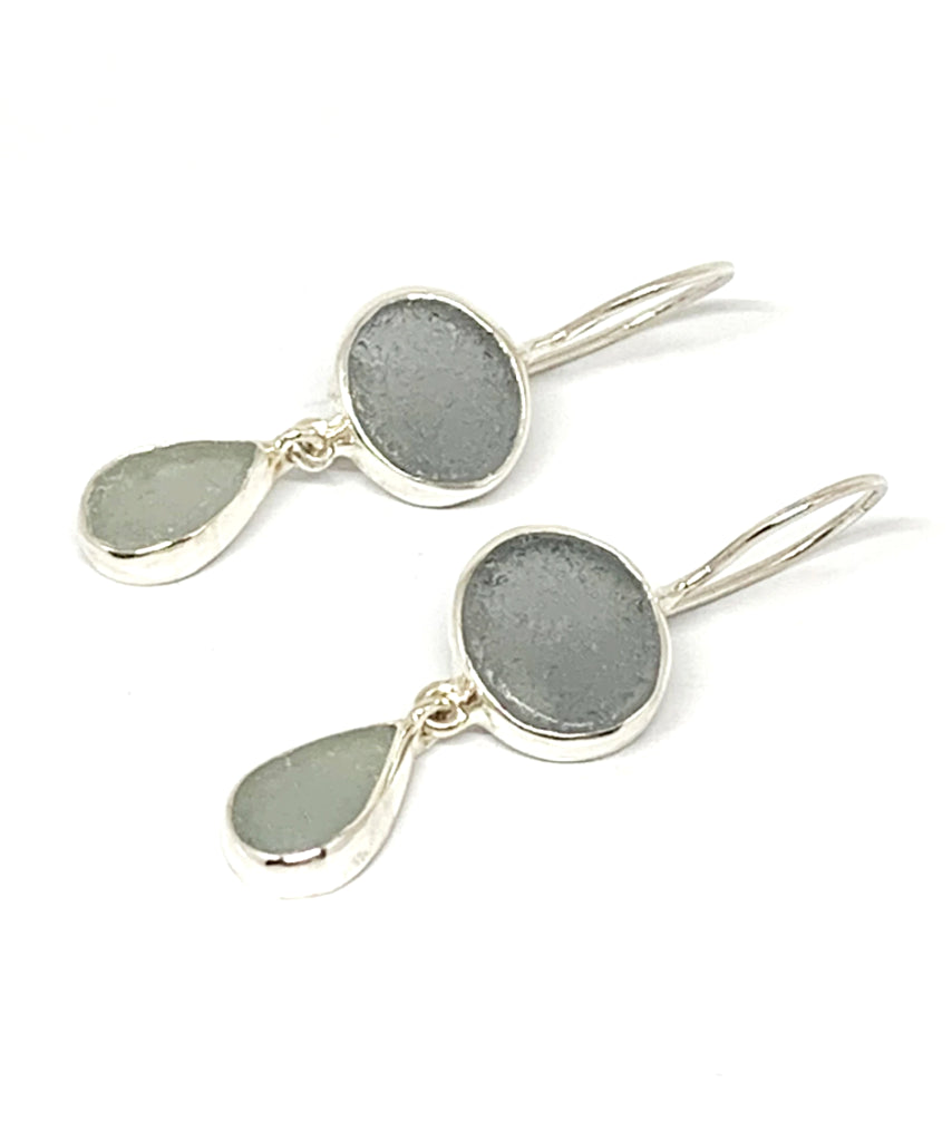 Grey & Light Grey Sea Glass Double Drop Earrings