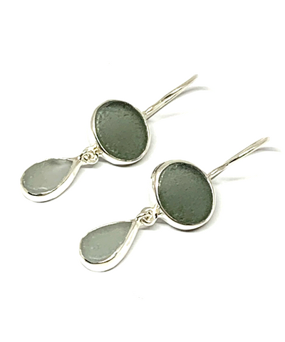 Dark & Light Grey Sea Glass Double Drop Earrings