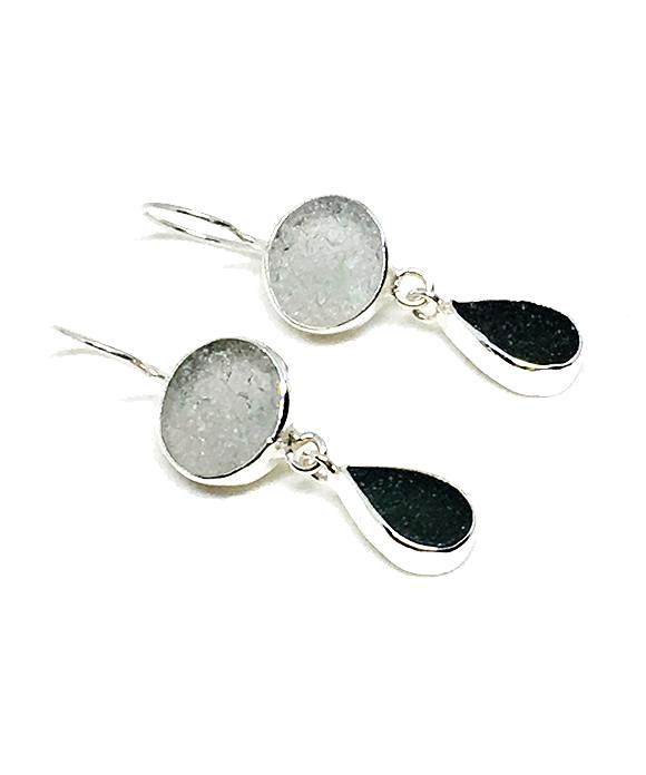 Light Gray & Dark Gray Sea Glass Double Drop Earrings