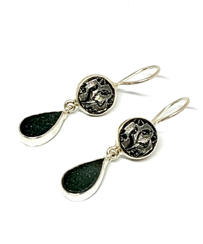 Dark Grey Sea Glass with Vintage Jet Button Earrings Double Drop Earrings