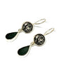 Dark Grey Sea Glass with Vintage Jet Button Earrings Double Drop Earrings