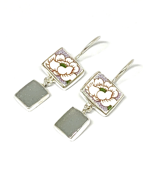White Flower Vintage Pottery with Grey Sea Glass Double Drop Earrings