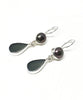 Dark Gray Sea Glass with Black Pearl Earrings Double Drop Earrings