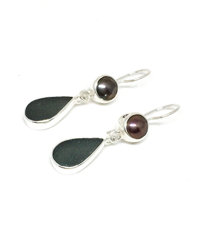 Dark Gray Sea Glass with Black Pearl Earrings Double Drop Earrings