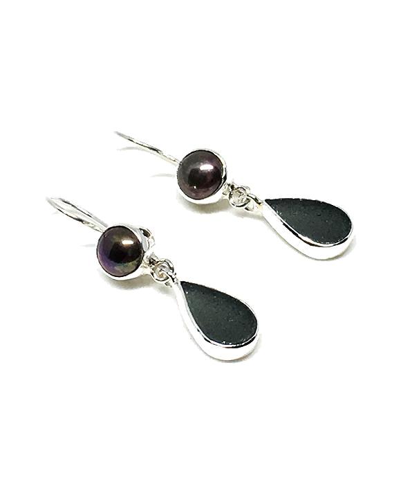 Dark Gray Sea Glass with Black Pearl Earrings Double Drop Earrings