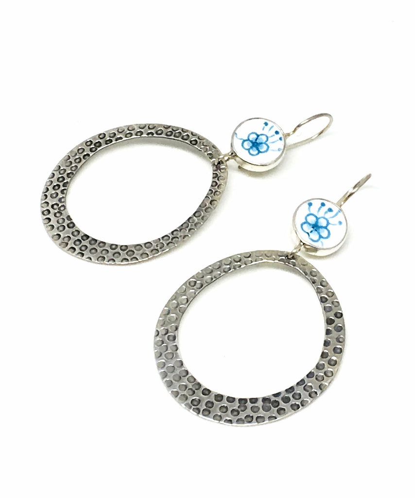 Aqua Floral Vintage Pottery Hoop Earrings