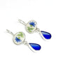 Blue Flower Vintage Pottery & Cobalt Streaked Stained Glass Double Drop Earrings