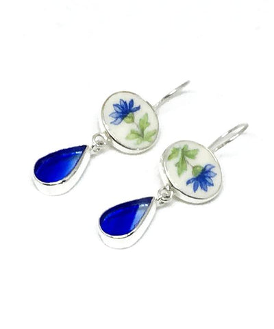 Blue Flower Vintage Pottery & Cobalt Streaked Stained Glass Double Drop Earrings