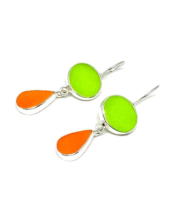 Lime Green and Orange Stained Glass Double Drop Earrings