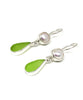 Lime Green Sea Glass with Pearl Earrings Double Drop Earrings