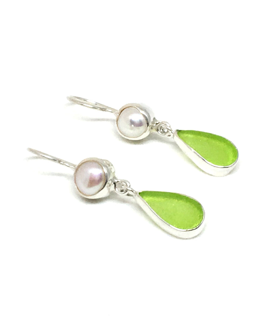 Lime Green Sea Glass with Pearl Earrings Double Drop Earrings