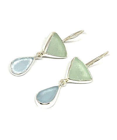 Coke Bottle Blue and Light Aqua Sea Glass Double Drop Earrings
