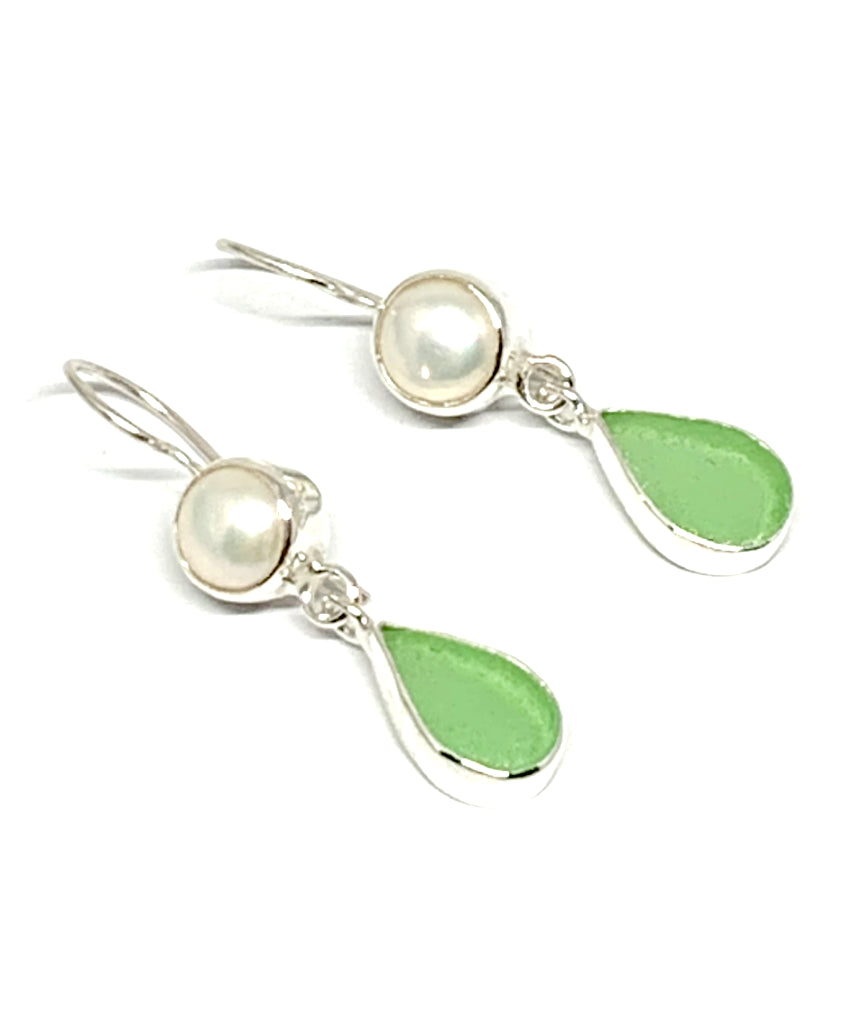 Light Bright Green Sea Glass with Pearl Earrings Double Drop Earrings