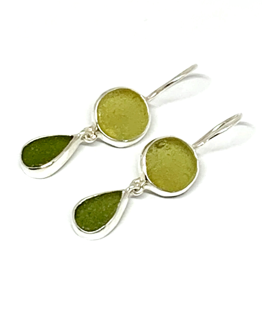Shades of Olive Sea Glass Double Drop Earrings