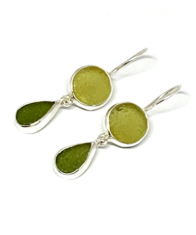Shades of Olive Sea Glass Double Drop Earrings