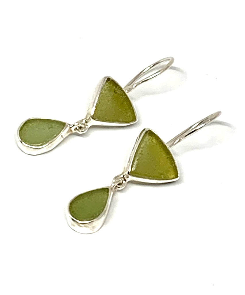 Olive & Sage Green Sea Glass Double Drop Earrings