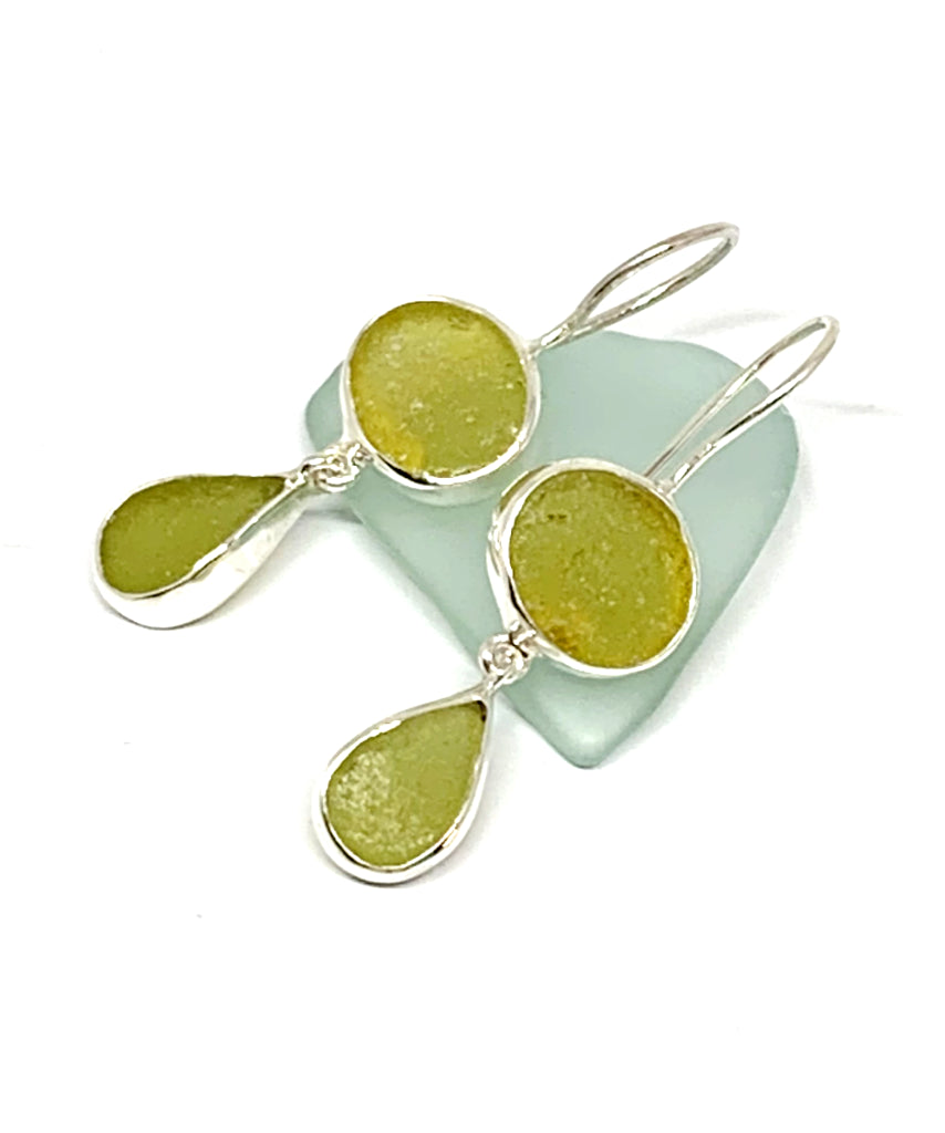 Chartreuse & Light Olive Sea Glass Double Drop Earrings