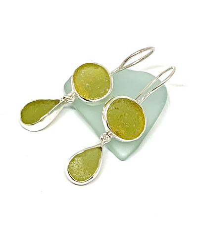 Chartreuse & Light Olive Sea Glass Double Drop Earrings