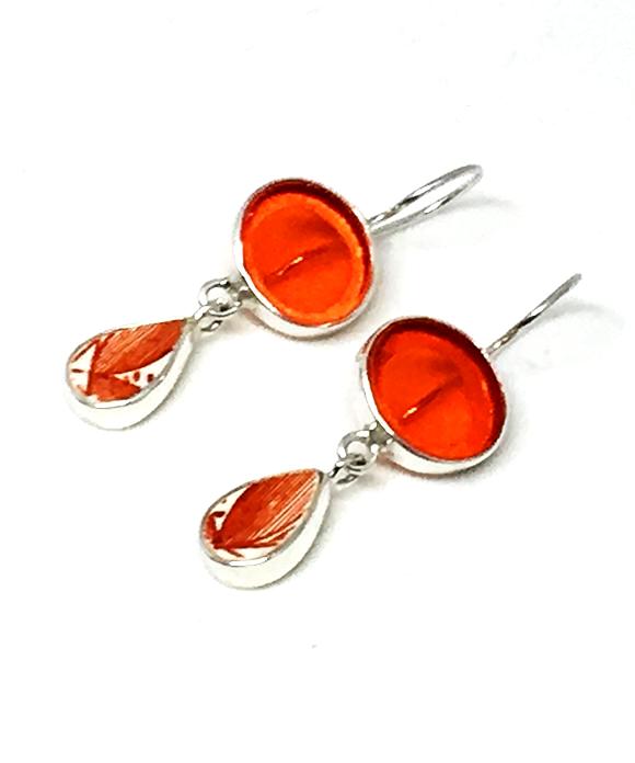 Orange Stained Glass with Bold Orange & White Vintage Pottery Double Drop Earrings