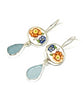 Blue and Orange Flower Vintage Pottery with Light Aqua Sea Glass Double Drop Earrings