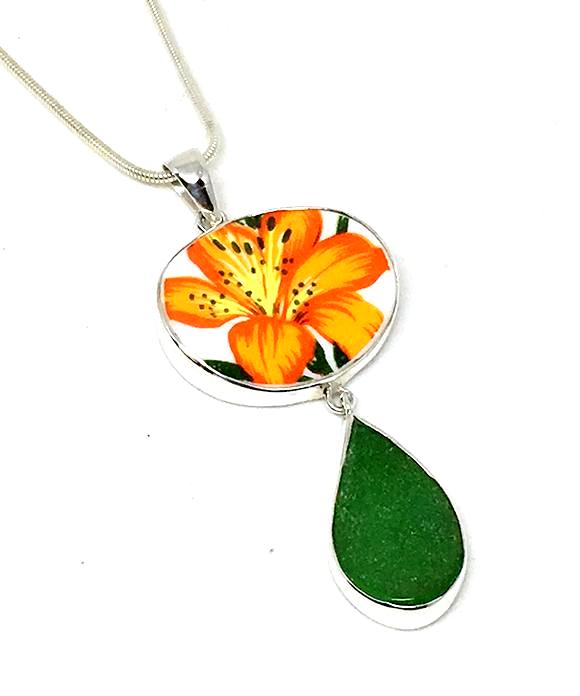 Orange Flower Vintage Pottery and Green Sea Glass Double Pendant