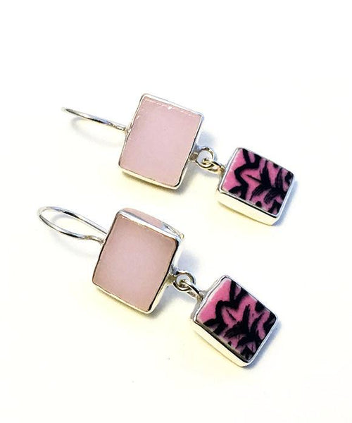Pink Stained Glass with Black & Pink Vintage Pottery Double Drop Earrings