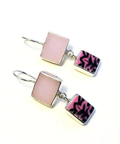 Pink Stained Glass with Black & Pink Vintage Pottery Double Drop Earrings