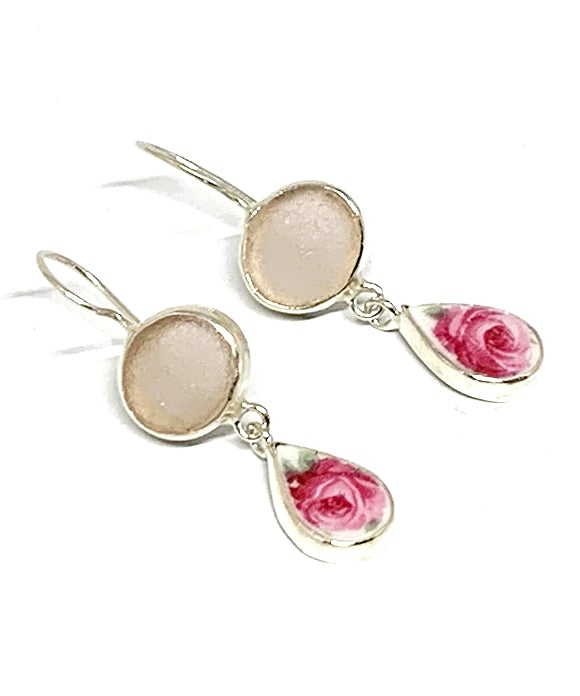 Pink Sea Glass with Rose Vintage Pottery Double Drop Earrings