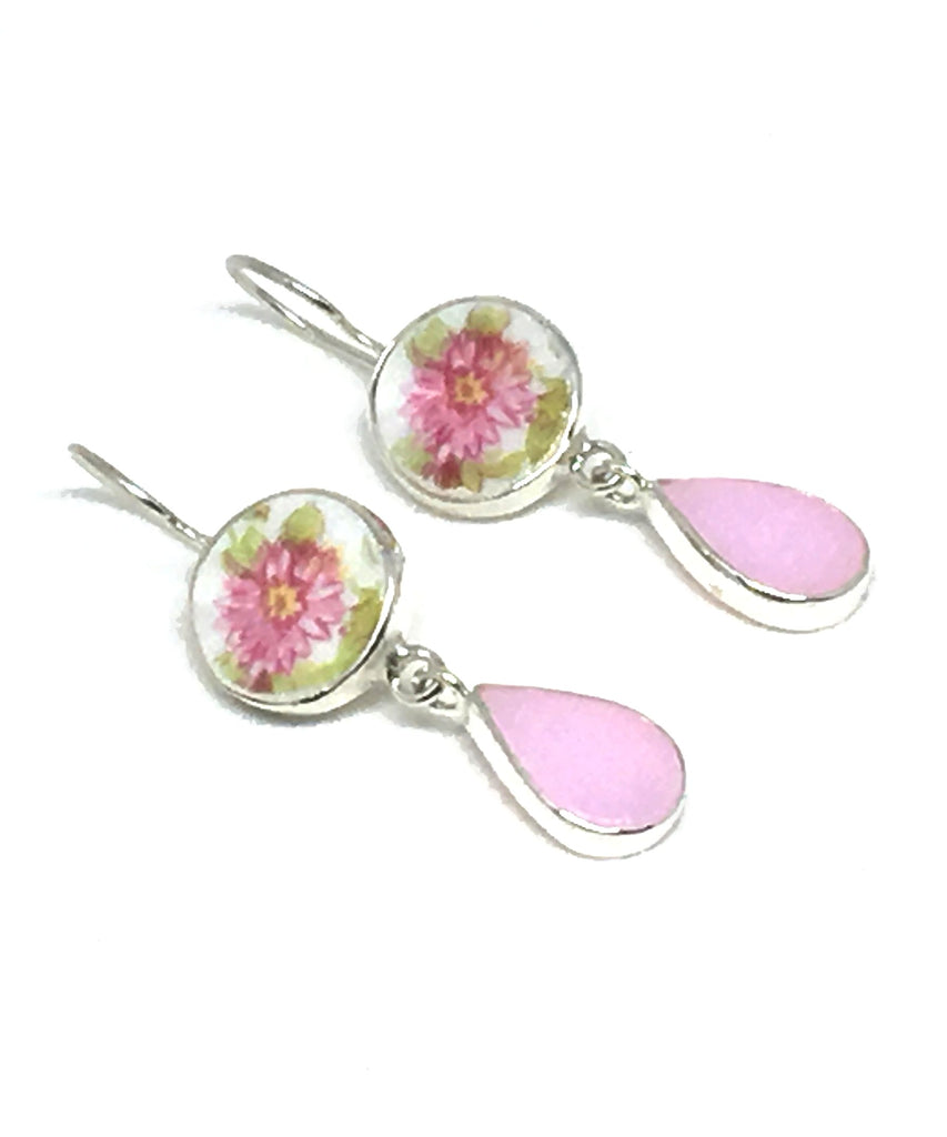 Pink floral Vintage Pottery & Pink Stained Glass Double Drop Earrings