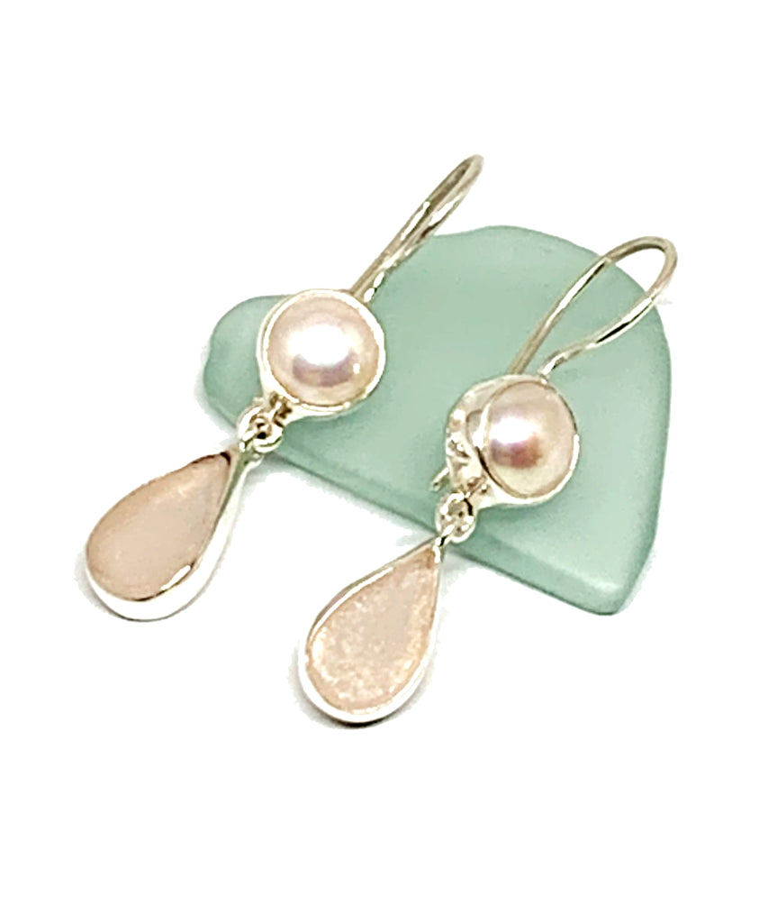 Pink Sea Glass with Pearl Earrings Double Drop Earrings