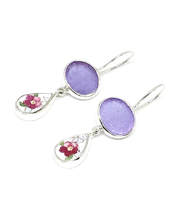 Purple Sea Glass & Pink Floral Vintage Pottery Double Drop Earrings