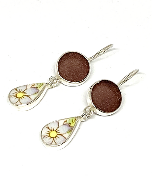 Purple Sea Glass & Soft Floral Double Earrings