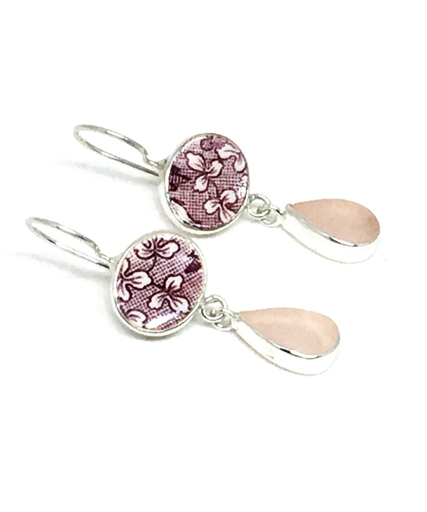 Purple Floral Vintage Pottery & Pink Sea Glass Double Drop Earrings