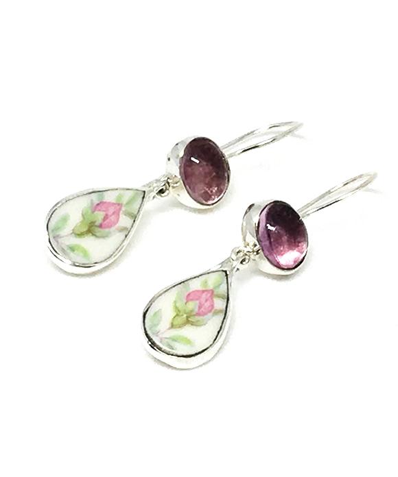 Oval Purple Glass & Pink Rosebud Vintage Pottery Double Drop Earrings