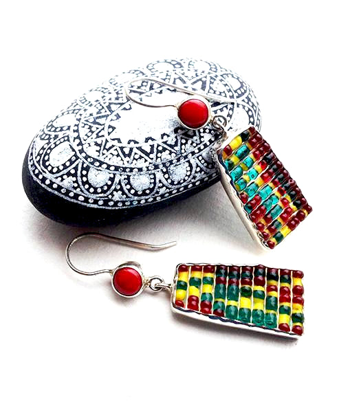 Rasta Colored Beaded Glass and Carnelian Double Drop Earrings