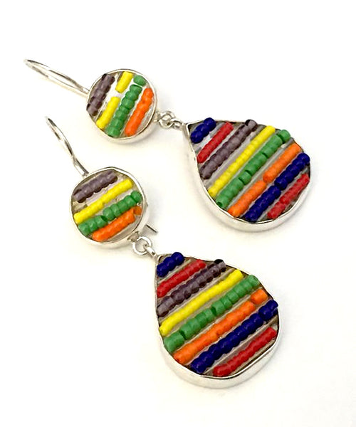 Rainbow Striped Beaded Glass Double Drop Earrings