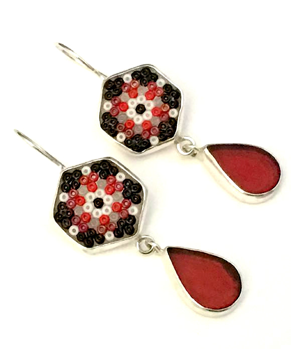 Red, Black & White Beaded Glass with Red Stained Glass Double Drop Earrings