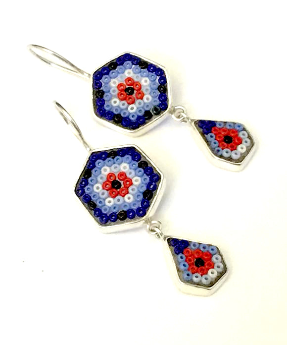 Red, White & Blue Beaded Glass Double Drop Earrings