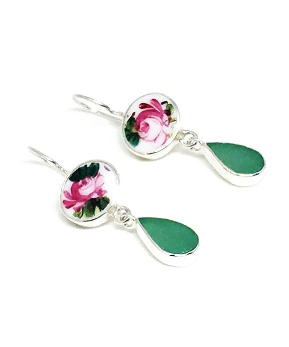 Pink Flower Vintage Pottery & Aqua Green Sea Glass Double Drop Earrings