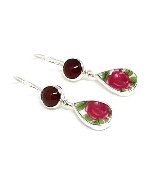Pink Flower Vintage Pottery & Dark Orange Carnelian Double Drop Earrings