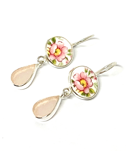 Pink Flower Vintage Pottery with Pink Sea Glass Double Drop Earrings