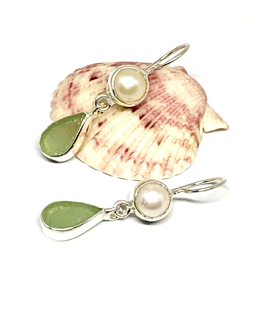 Sage Sea Glass with Pearl Earrings Double Drop Earrings