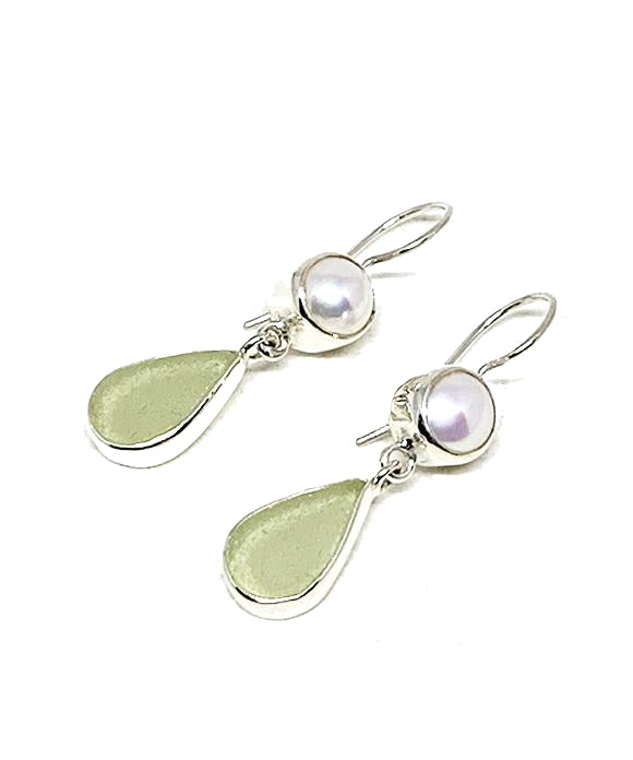 Light Sage Sea Glass with Pearl Earrings Double Drop Earrings