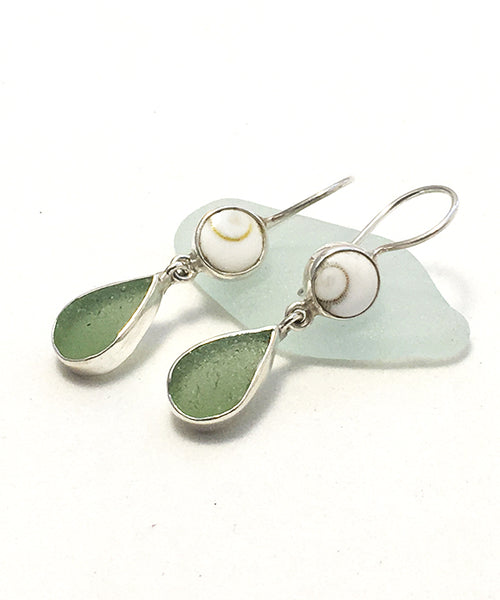 Sage Green Sea Glass with Shiva Shell Earrings