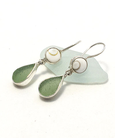 Sage Green Sea Glass with Shiva Shell Earrings