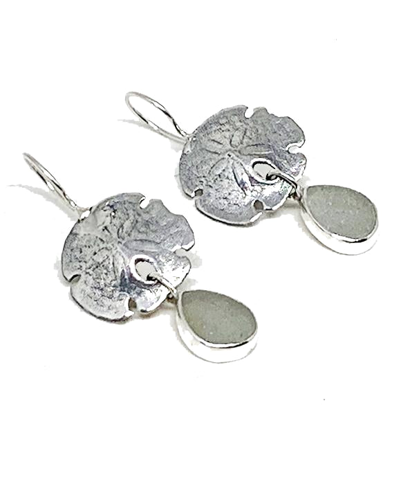 Cast Sterling Sand Dollar with Light Grey Sea Glass Double Drop Earrings