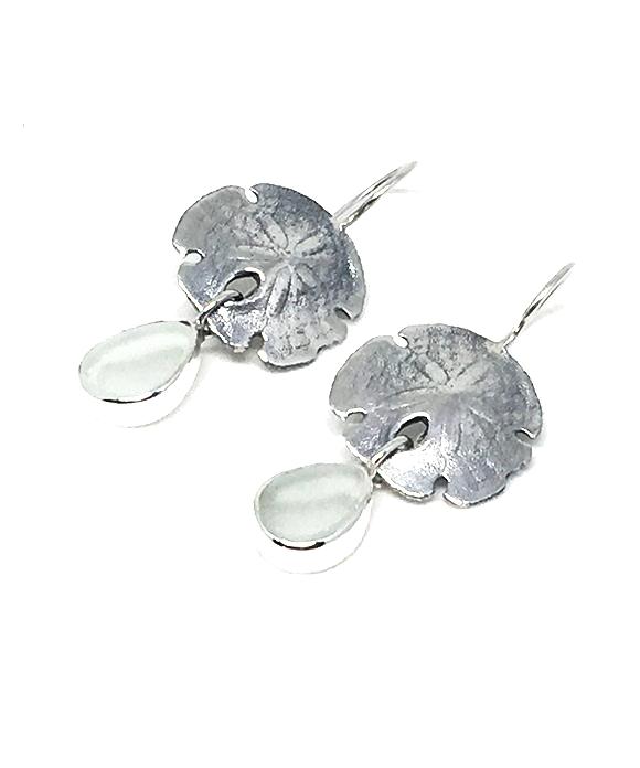 Cast Sterling Sand Dollar with Clear Sea Glass Double Drop Earrings